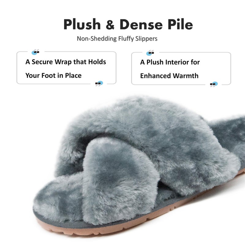 Crazy Lady Women's Fuzzy Fluffy House Slippers Cute Plush Memory Foam Shoes Cross Band Indoor Outdoor Open Toe Sandals(06/Grey, 10-10.5) - Image 4
